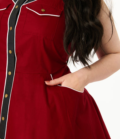 Unique Vintage Plus Size Burgundy & Gold Snake Embroidery Western Cotton Flare Dress - Unique Vintage - Womens, DRESSES