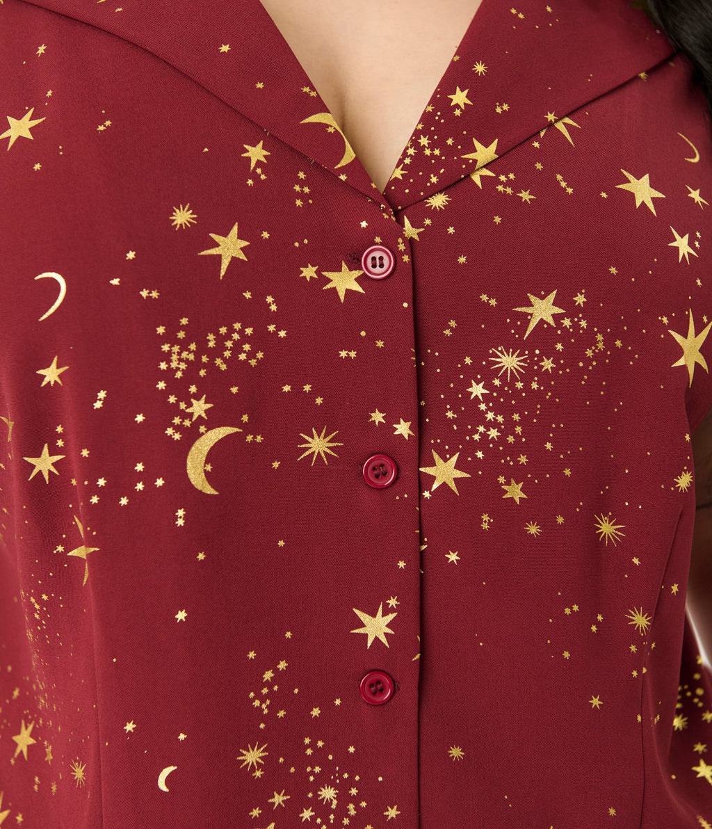 Unique Vintage Plus Size Burgundy & Gold Star Twill Sleeveless Blouse - Unique Vintage - Womens, TOPS, WOVEN TOPS