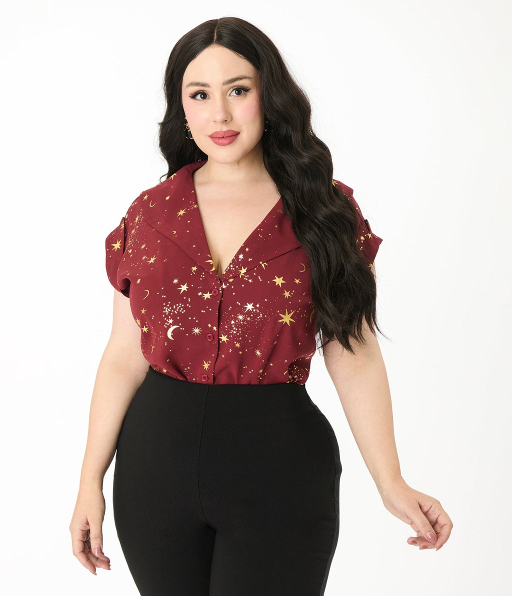 Unique Vintage Plus Size Burgundy & Gold Star Twill Sleeveless Blouse - Unique Vintage - Womens, TOPS, WOVEN TOPS