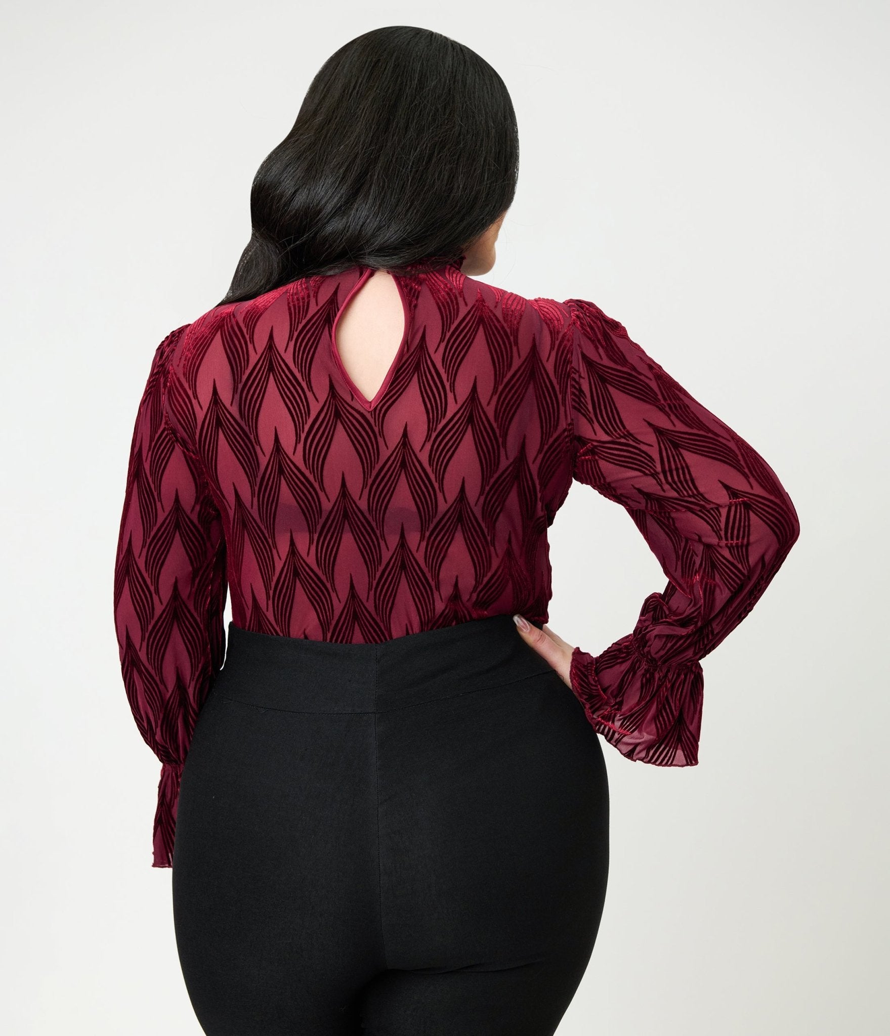 Unique Vintage Plus Size Burgundy Leaf Velvet Burnout Donna Blouse - Unique Vintage - Womens, TOPS, KNIT TOPS