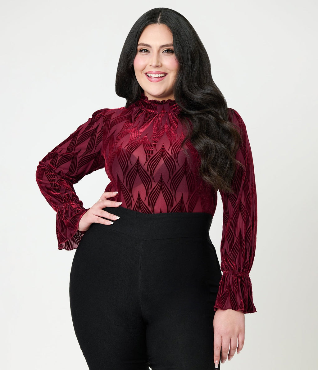 Unique Vintage Plus Size Burgundy Leaf Velvet Burnout Donna Blouse - Unique Vintage - Womens, TOPS, KNIT TOPS