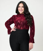 Unique Vintage Plus Size Burgundy Leaf Velvet Burnout Donna Blouse - Unique Vintage - Womens, TOPS, KNIT TOPS