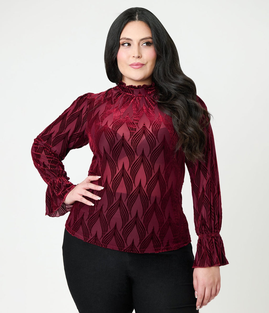 Unique Vintage Plus Size Burgundy Leaf Velvet Burnout Donna Blouse - Unique Vintage - Womens, TOPS, KNIT TOPS