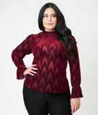 Unique Vintage Plus Size Burgundy Leaf Velvet Burnout Donna Blouse - Unique Vintage - Womens, TOPS, KNIT TOPS