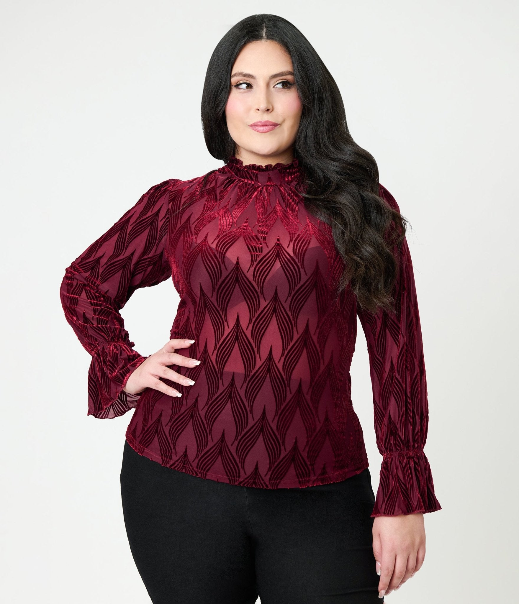 Unique Vintage Plus Size Burgundy Leaf Velvet Burnout Donna Blouse - Unique Vintage - Womens, TOPS, KNIT TOPS