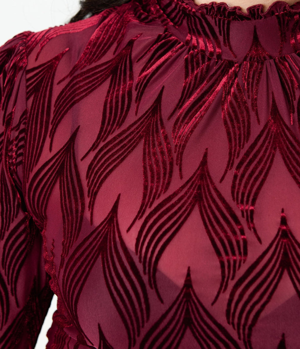 Unique Vintage Plus Size Burgundy Leaf Velvet Burnout Donna Blouse - Unique Vintage - Womens, TOPS, KNIT TOPS