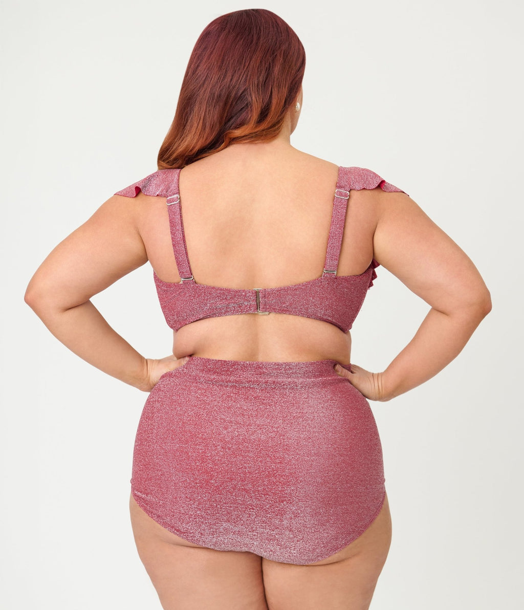 Unique Vintage Plus Size Burgundy Lurex Ruffled Cap Sleeve Frida Swim Top - Unique Vintage - Womens, SWIM, TOP