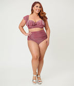 Unique Vintage Plus Size Burgundy Lurex Ruffled Cap Sleeve Frida Swim Top - Unique Vintage - Womens, SWIM, TOP