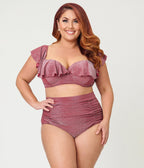 Unique Vintage Plus Size Burgundy Lurex Ruffled Cap Sleeve Frida Swim Top - Unique Vintage - Womens, SWIM, TOP