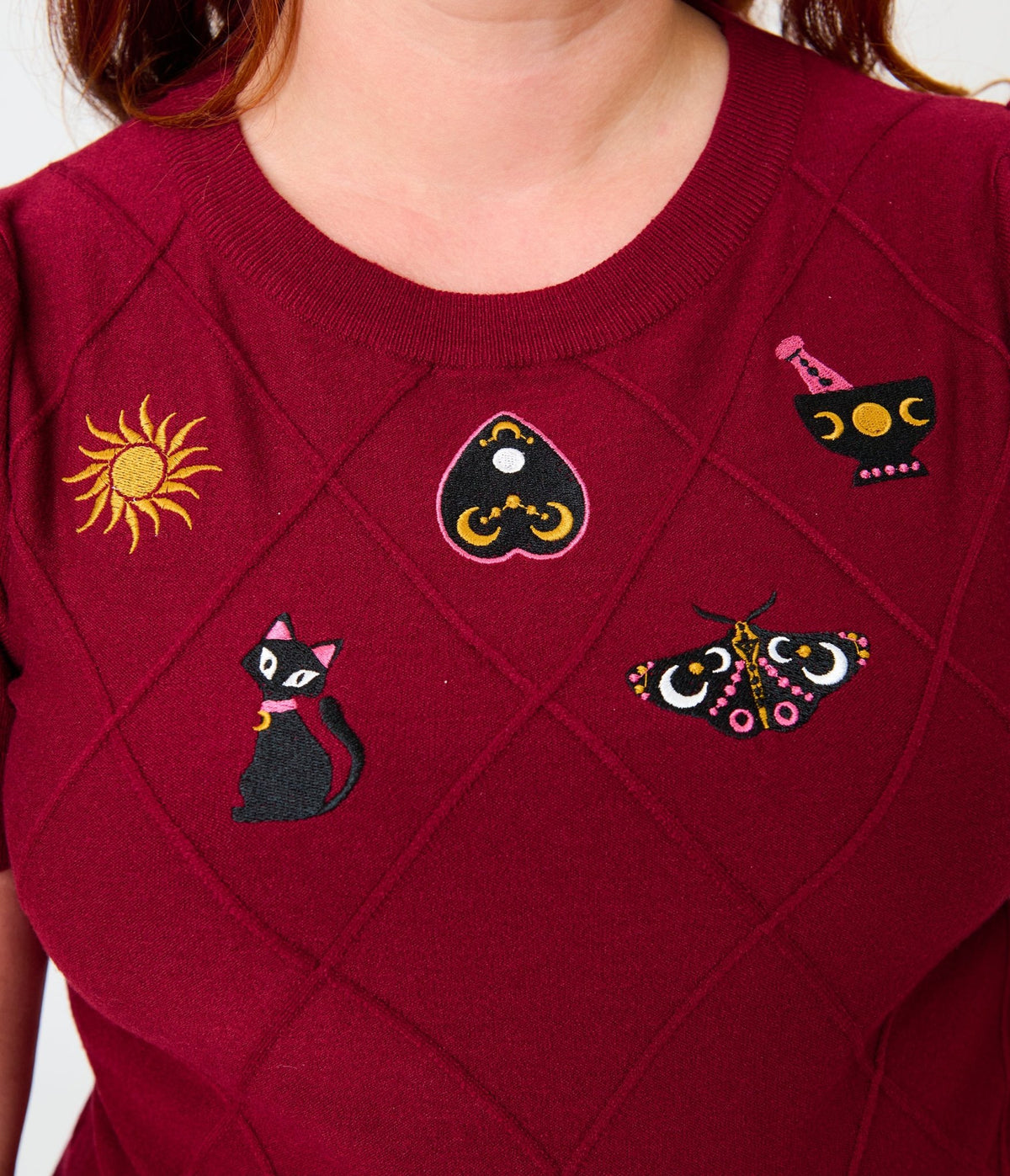 Unique Vintage Plus Size Burgundy Mystical Icons Embroidered Sweater - Unique Vintage - Womens, TOPS, SWEATERS