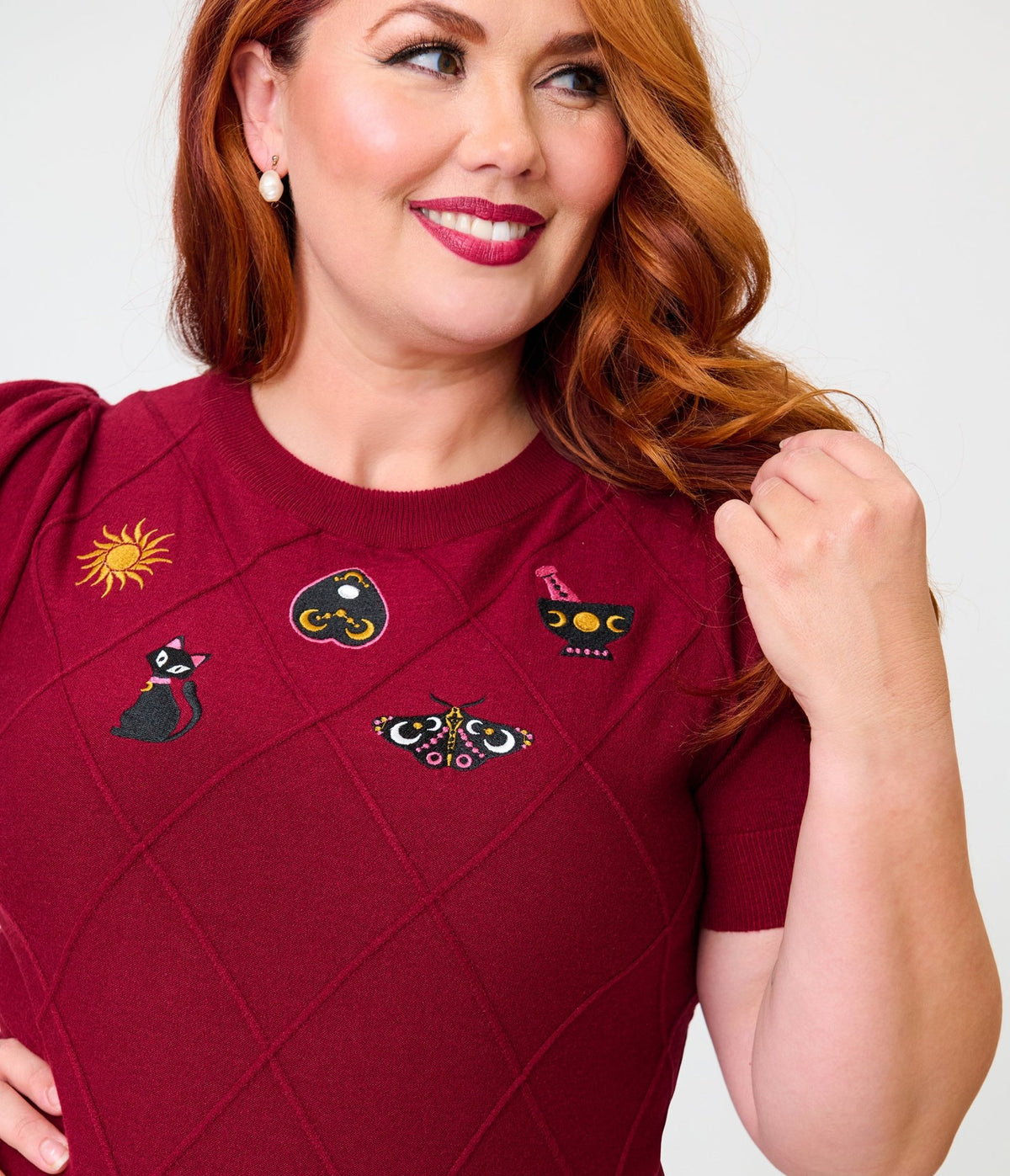Unique Vintage Plus Size Burgundy Mystical Icons Embroidered Sweater - Unique Vintage - Womens, TOPS, SWEATERS