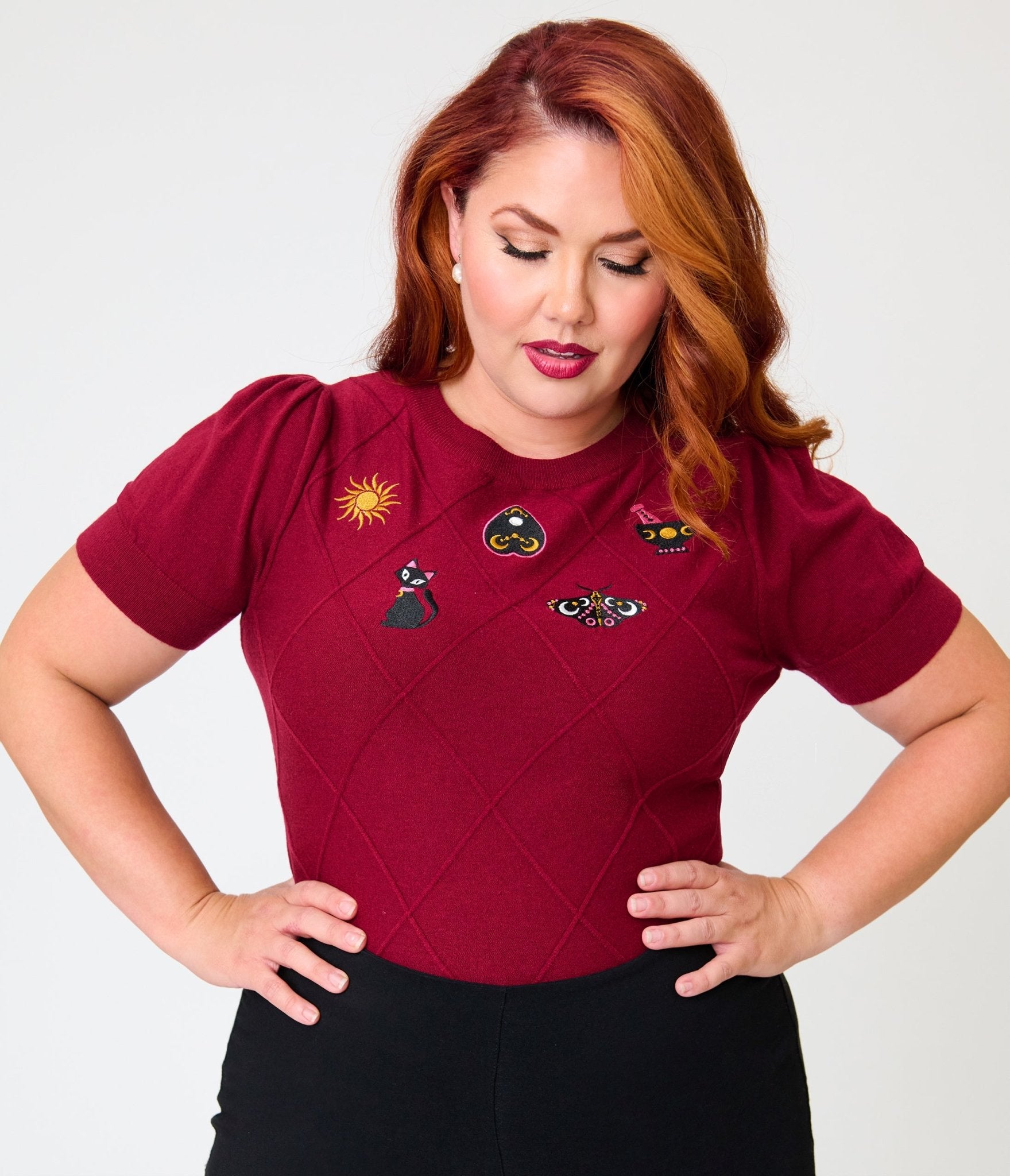 Unique Vintage Plus Size Burgundy Mystical Icons Embroidered Sweater - Unique Vintage - Womens, TOPS, SWEATERS