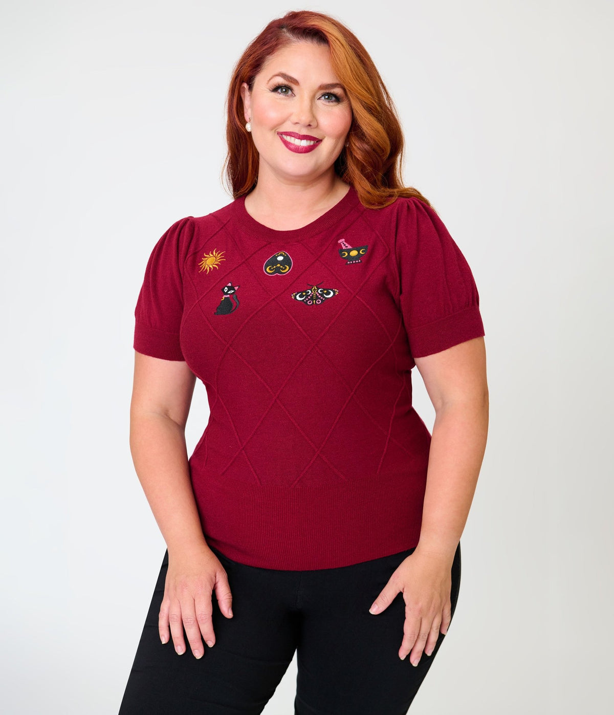 Unique Vintage Plus Size Burgundy Mystical Icons Embroidered Sweater - Unique Vintage - Womens, TOPS, SWEATERS