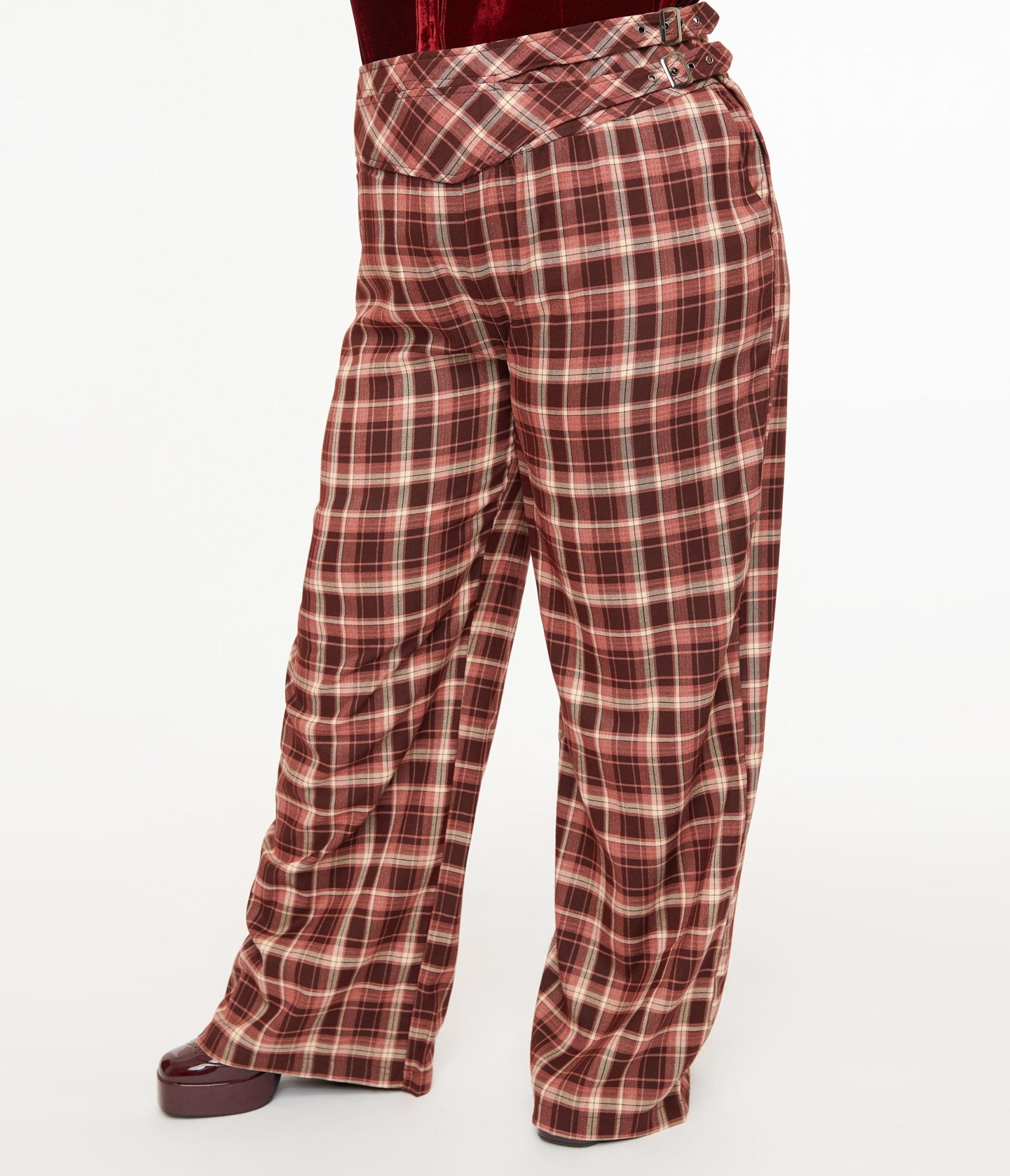 Unique Vintage Plus Size Burgundy Plaid Double Belt Woven Pants - Unique Vintage - Womens, BOTTOMS, PANTS