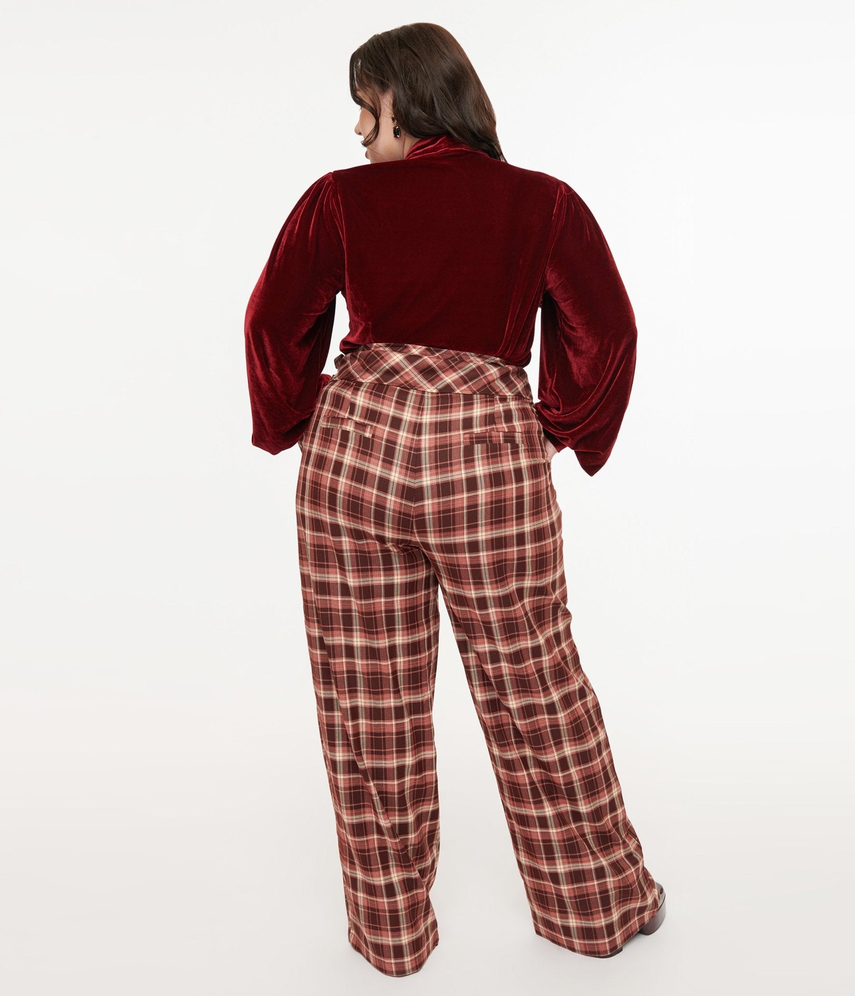 Unique Vintage Plus Size Burgundy Plaid Double Belt Woven Pants - Unique Vintage - Womens, BOTTOMS, PANTS