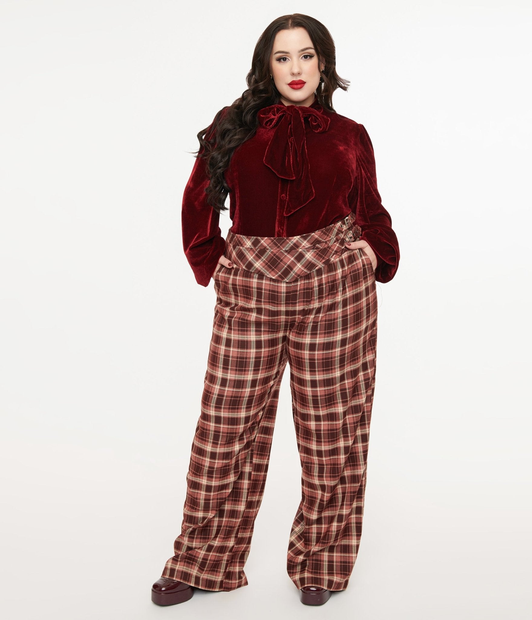 Unique Vintage Plus Size Burgundy Plaid Double Belt Woven Pants - Unique Vintage - Womens, BOTTOMS, PANTS