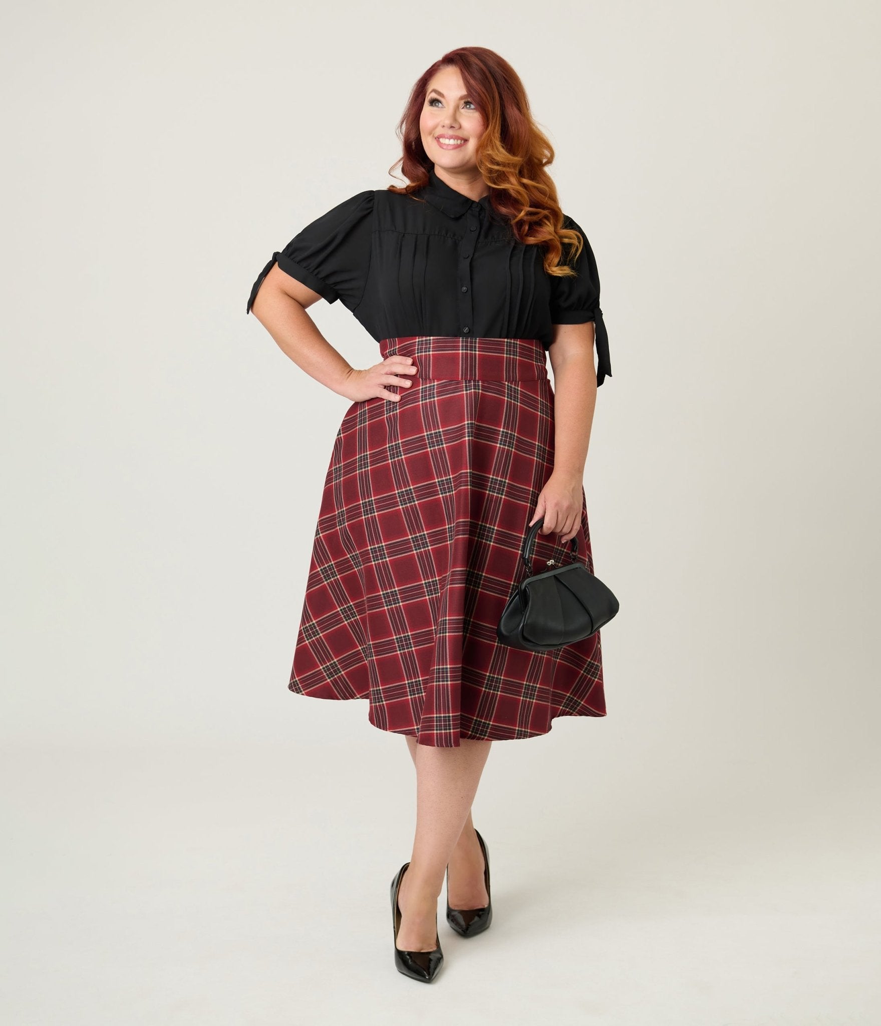 Unique Vintage Plus Size Burgundy Plaid Vivian Swing Skirt - Unique Vintage - Womens, BOTTOMS, SKIRTS