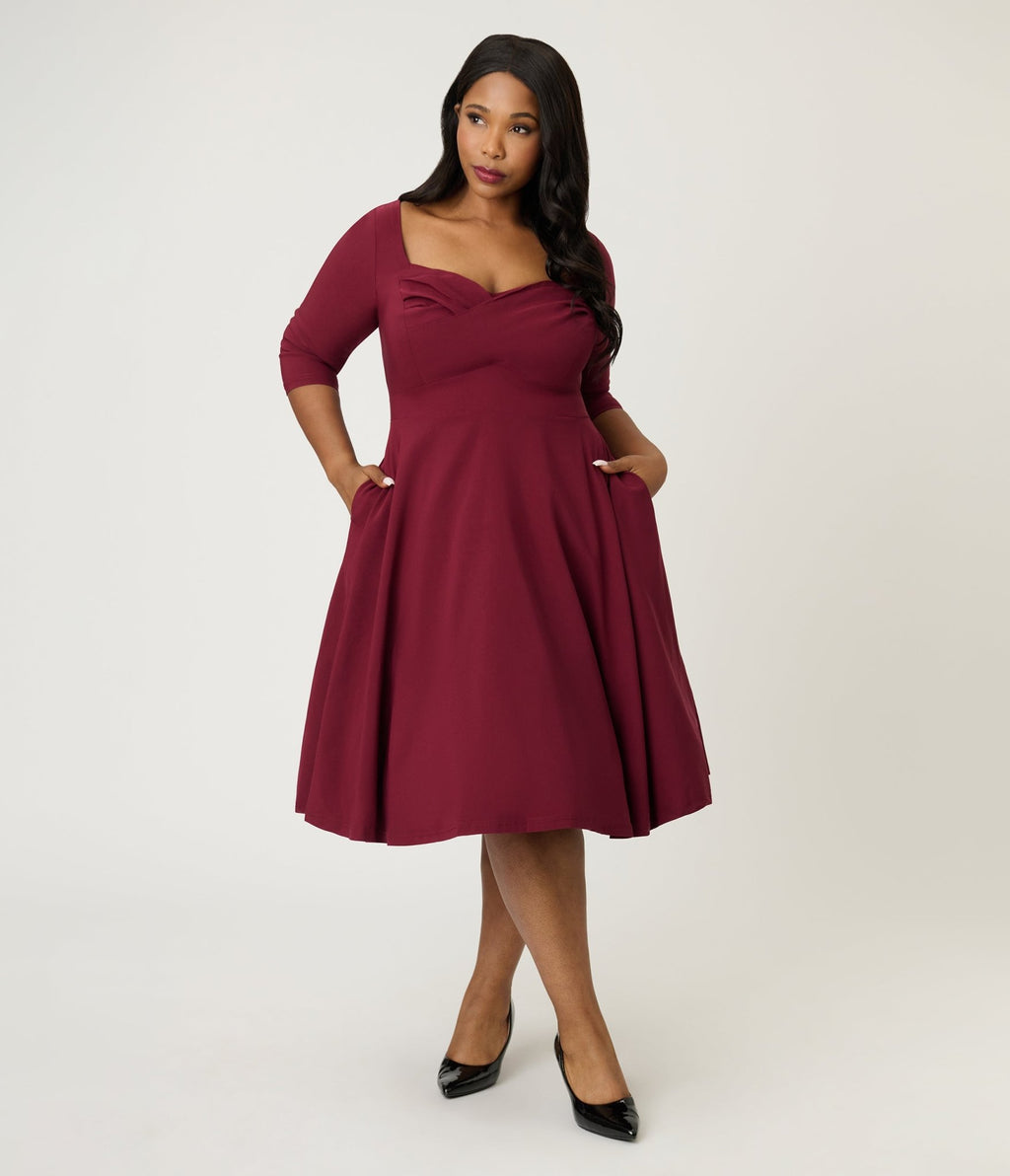 Unique Vintage Plus Size Burgundy Pleated Bust Swing Dress Unique Vintage Plus Size Burgundy Pleated Bust Swing Dress