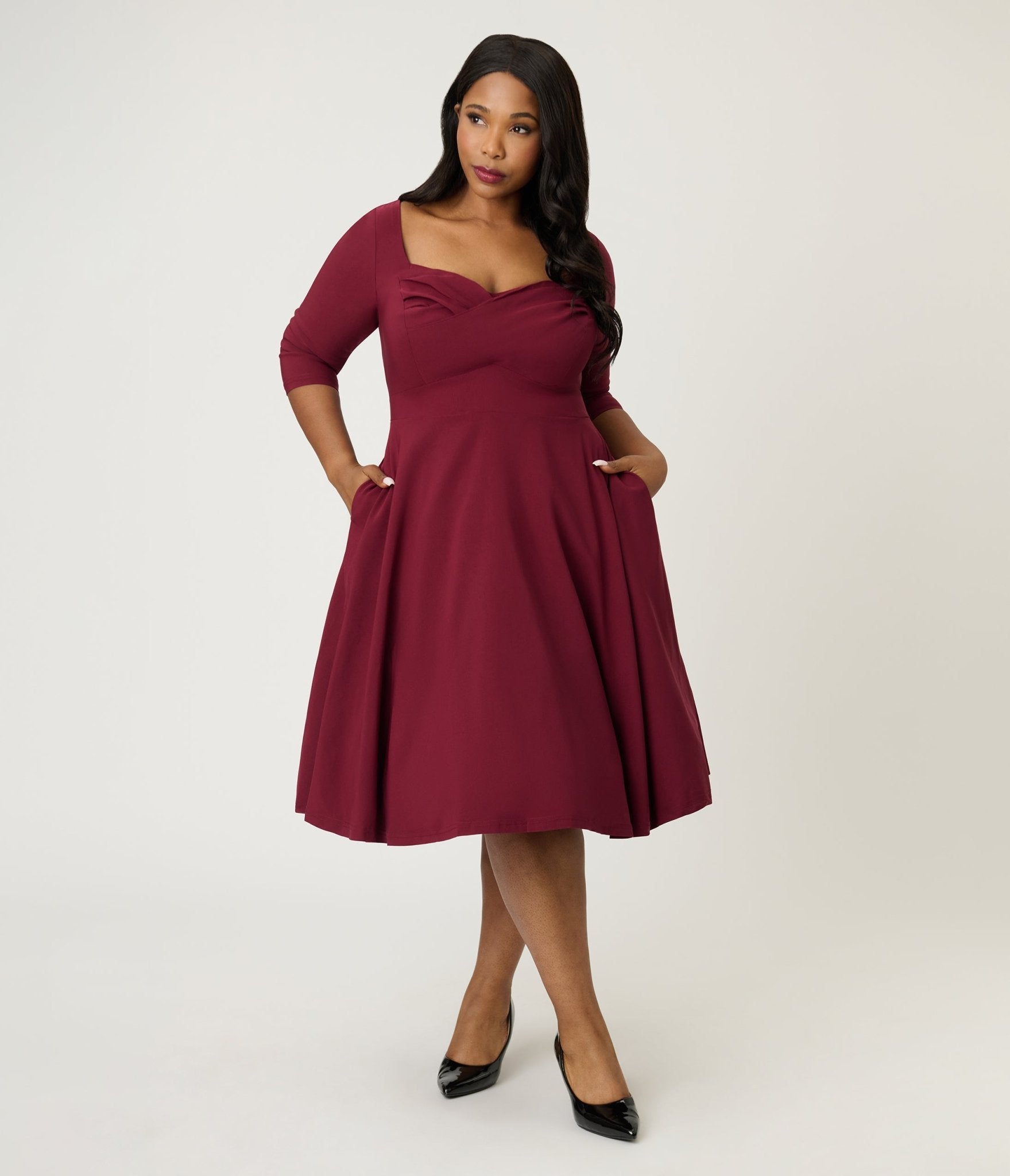 Unique Vintage Plus Size Burgundy Pleated Bust Swing Dress - Unique Vintage - Womens, DRESSES, SWING