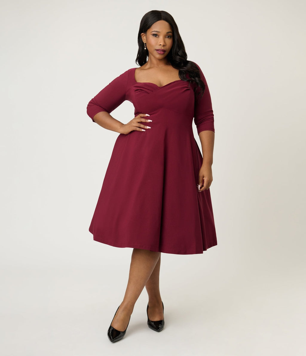 Unique Vintage Plus Size Burgundy Pleated Bust Swing Dress Unique Vintage Plus Size Burgundy Pleated Bust Swing Dress