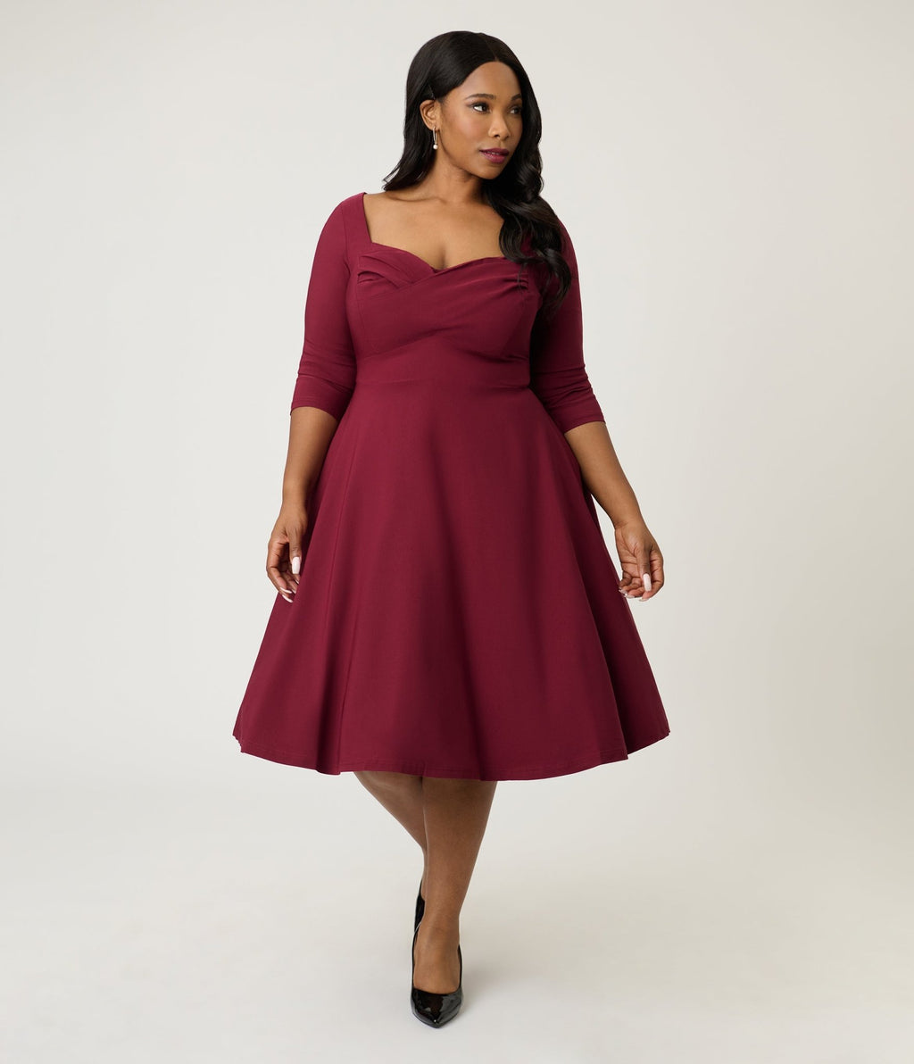 Unique Vintage Plus Size Burgundy Pleated Bust Swing Dress Unique Vintage Plus Size Burgundy Pleated Bust Swing Dress