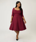 Unique Vintage Plus Size Burgundy Pleated Bust Swing Dress - Unique Vintage - Womens, DRESSES, SWING