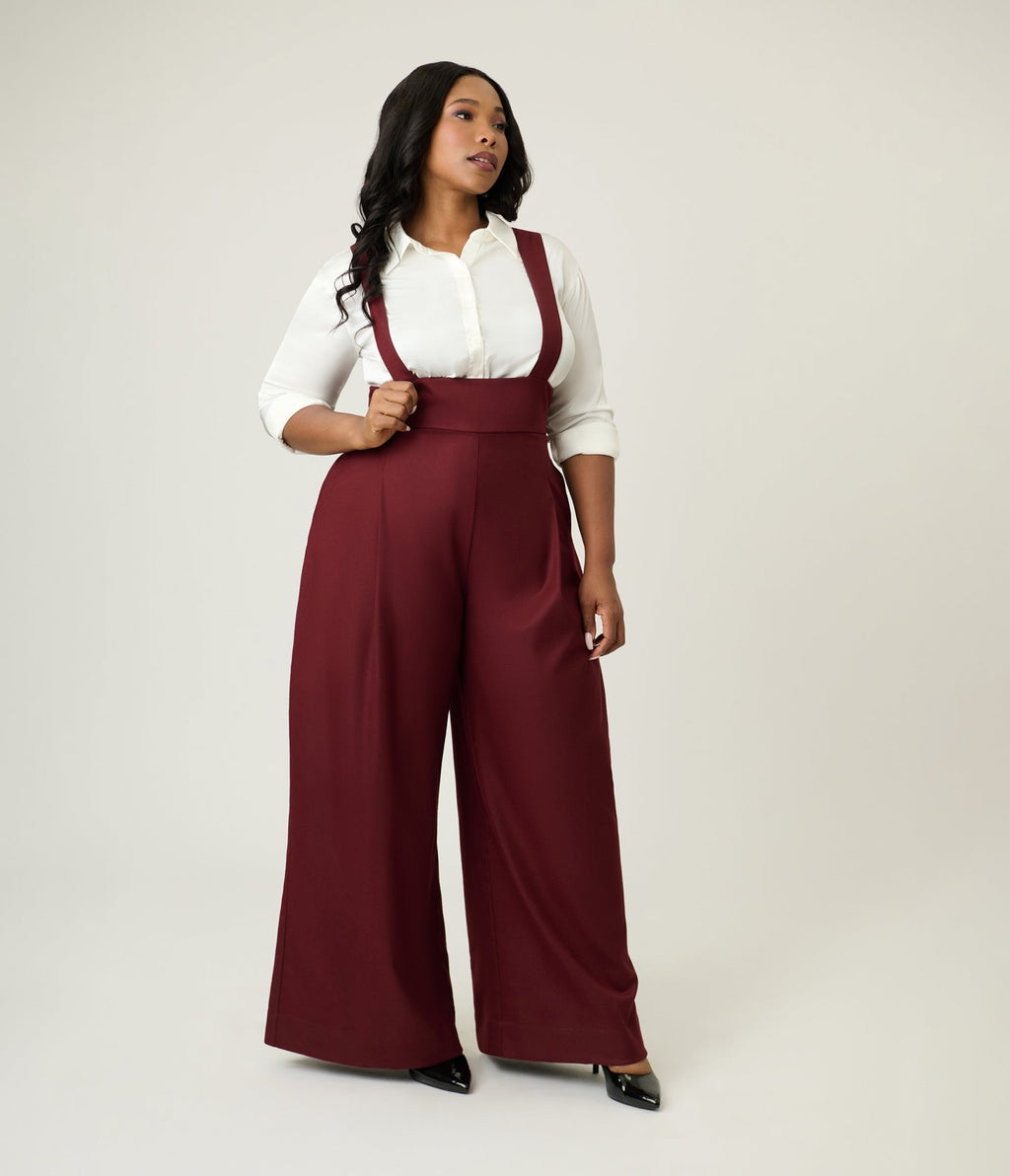 Unique Vintage Plus Size Burgundy Rochelle Suspender Pants - Unique Vintage - Womens, BOTTOMS, PANTS
