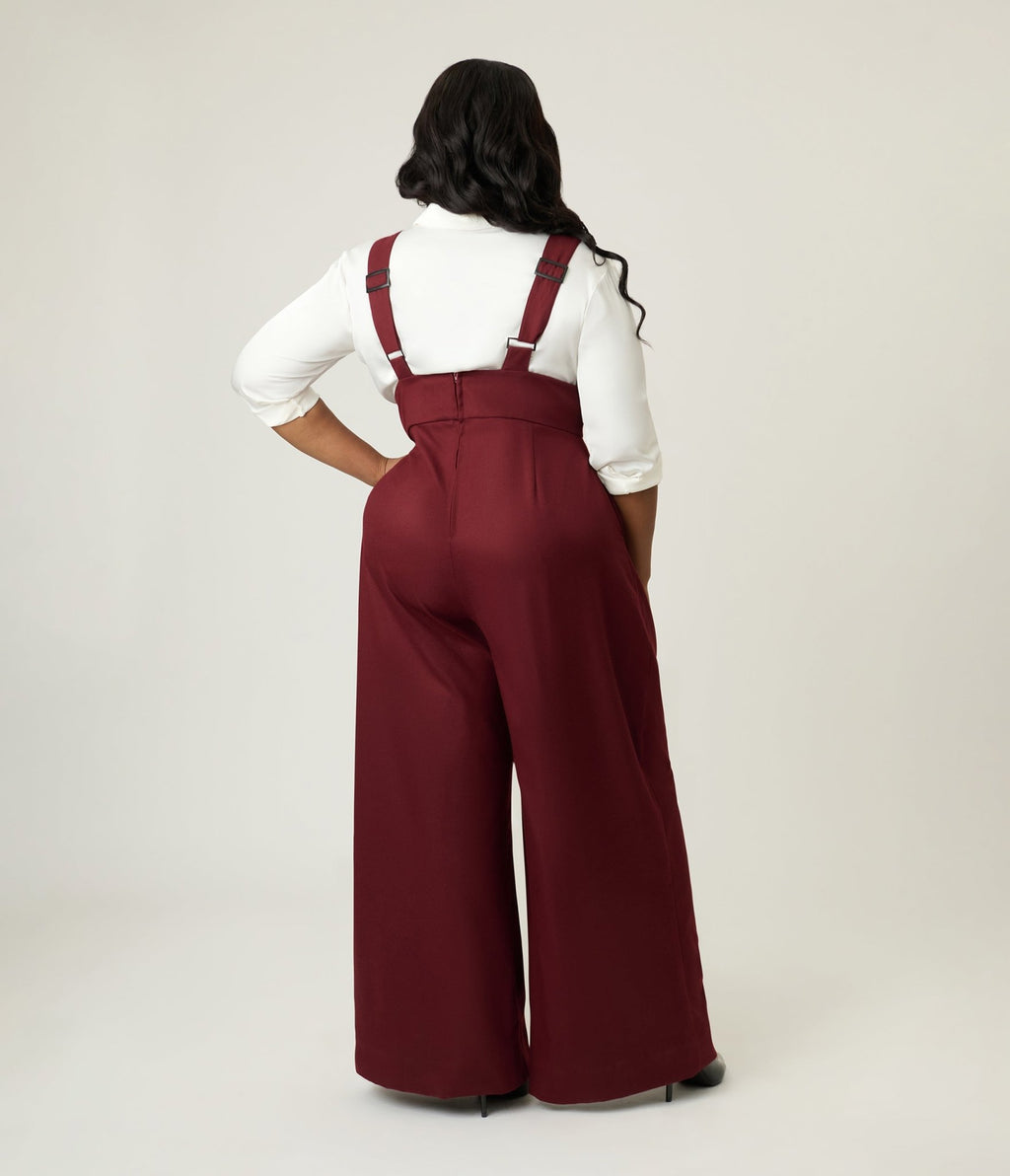 Unique Vintage Plus Size Burgundy Rochelle Suspender Pants - Unique Vintage - Womens, BOTTOMS, PANTS