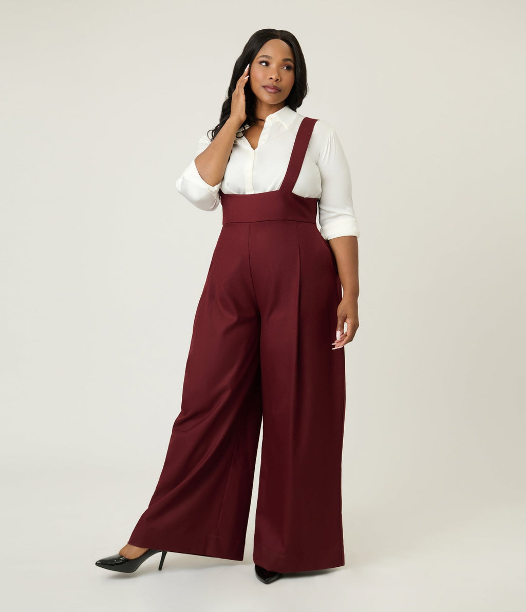 Unique Vintage Plus Size Burgundy Rochelle Suspender Pants - Unique Vintage - Womens, BOTTOMS, PANTS
