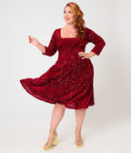 Unique Vintage Plus Size Burgundy Sequin Square Neck Wanda Swing Dress - Unique Vintage - Aline Dresses