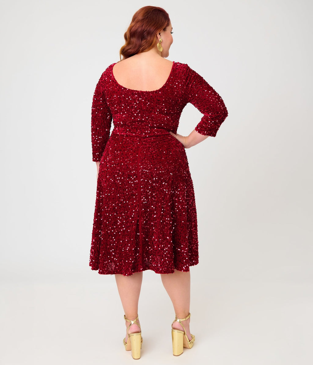 Unique Vintage Plus Size Burgundy Sequin Square Neck Wanda Swing Dress - Unique Vintage - Aline Dresses