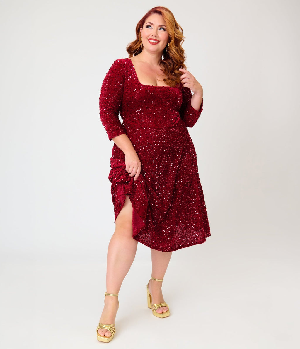 Unique Vintage Plus Size Burgundy Sequin Square Neck Wanda Swing Dress - Unique Vintage - Aline Dresses