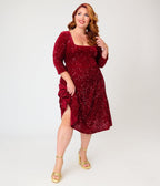 Unique Vintage Plus Size Burgundy Sequin Square Neck Wanda Swing Dress - Unique Vintage - Aline Dresses