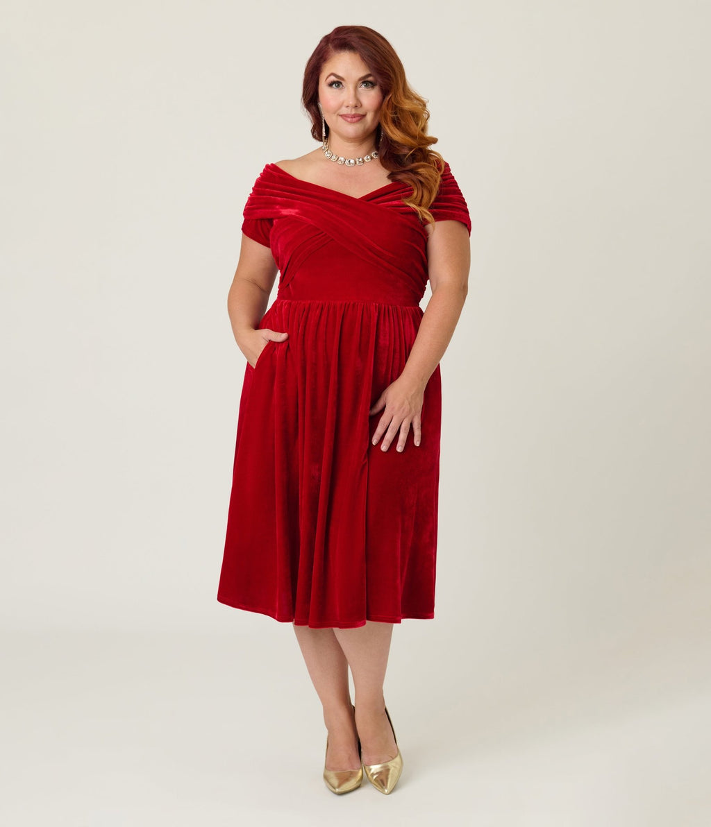 Unique Vintage Plus Size Burgundy Shirred Velvet Swing Dress - Unique Vintage - Womens, DRESSES, SWING