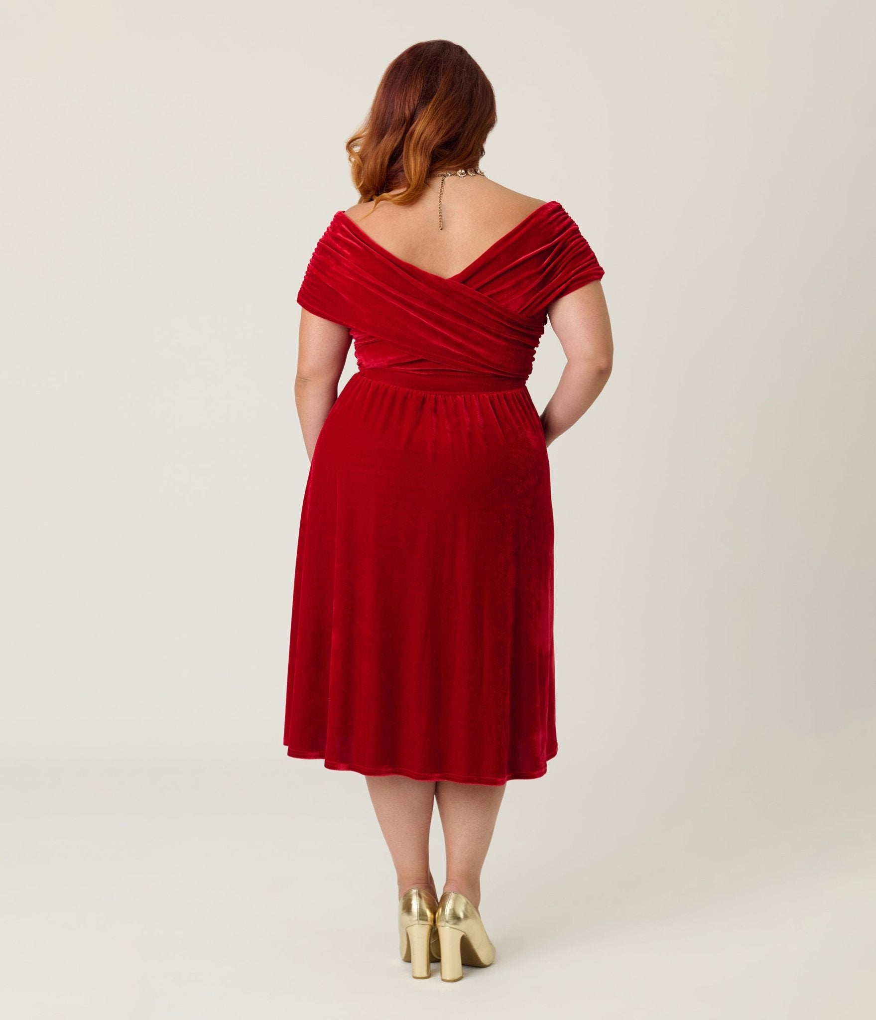Unique Vintage Plus Size Burgundy Shirred Velvet Swing Dress