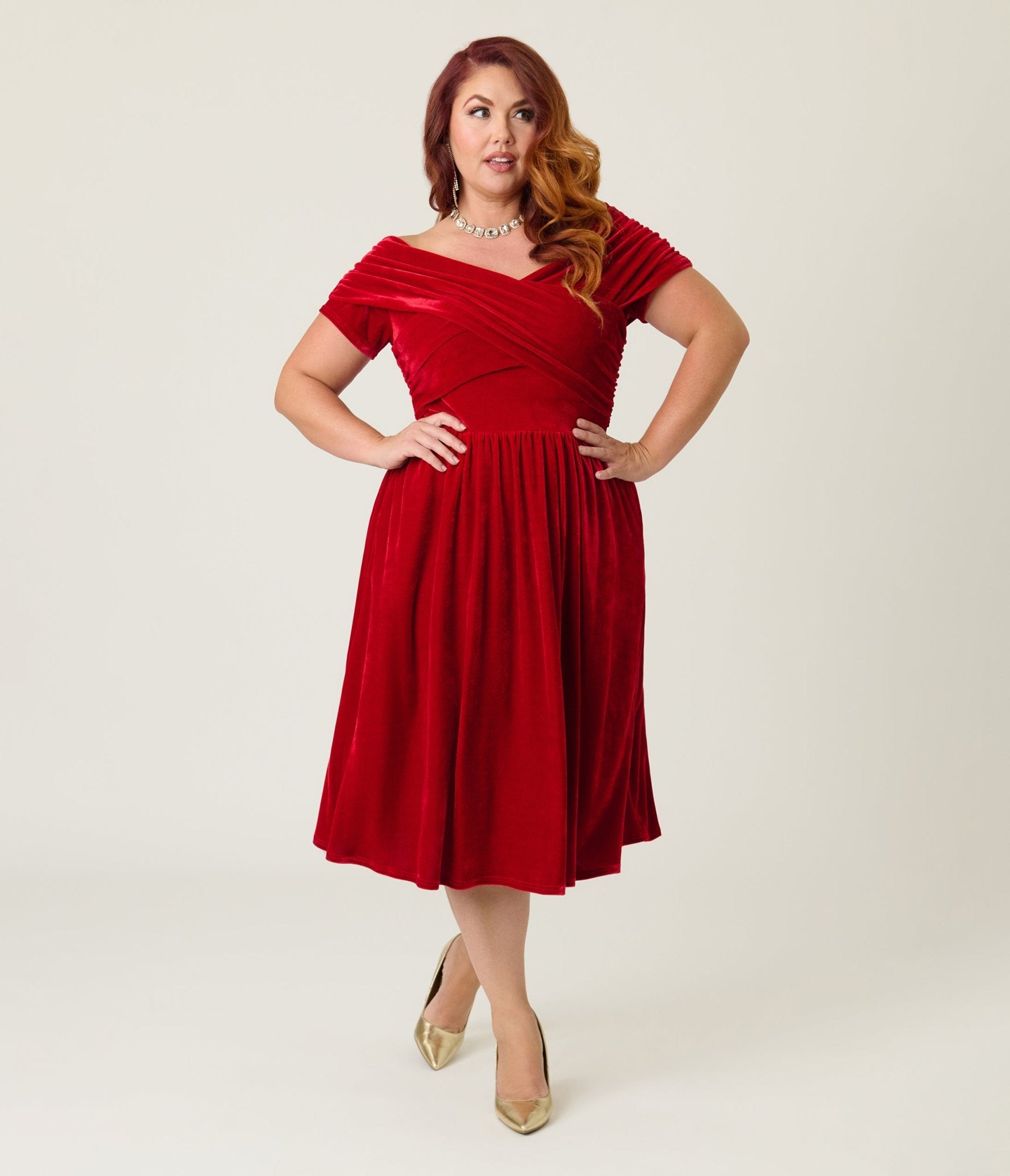 Unique Vintage Plus Size Burgundy Shirred Velvet Swing Dress