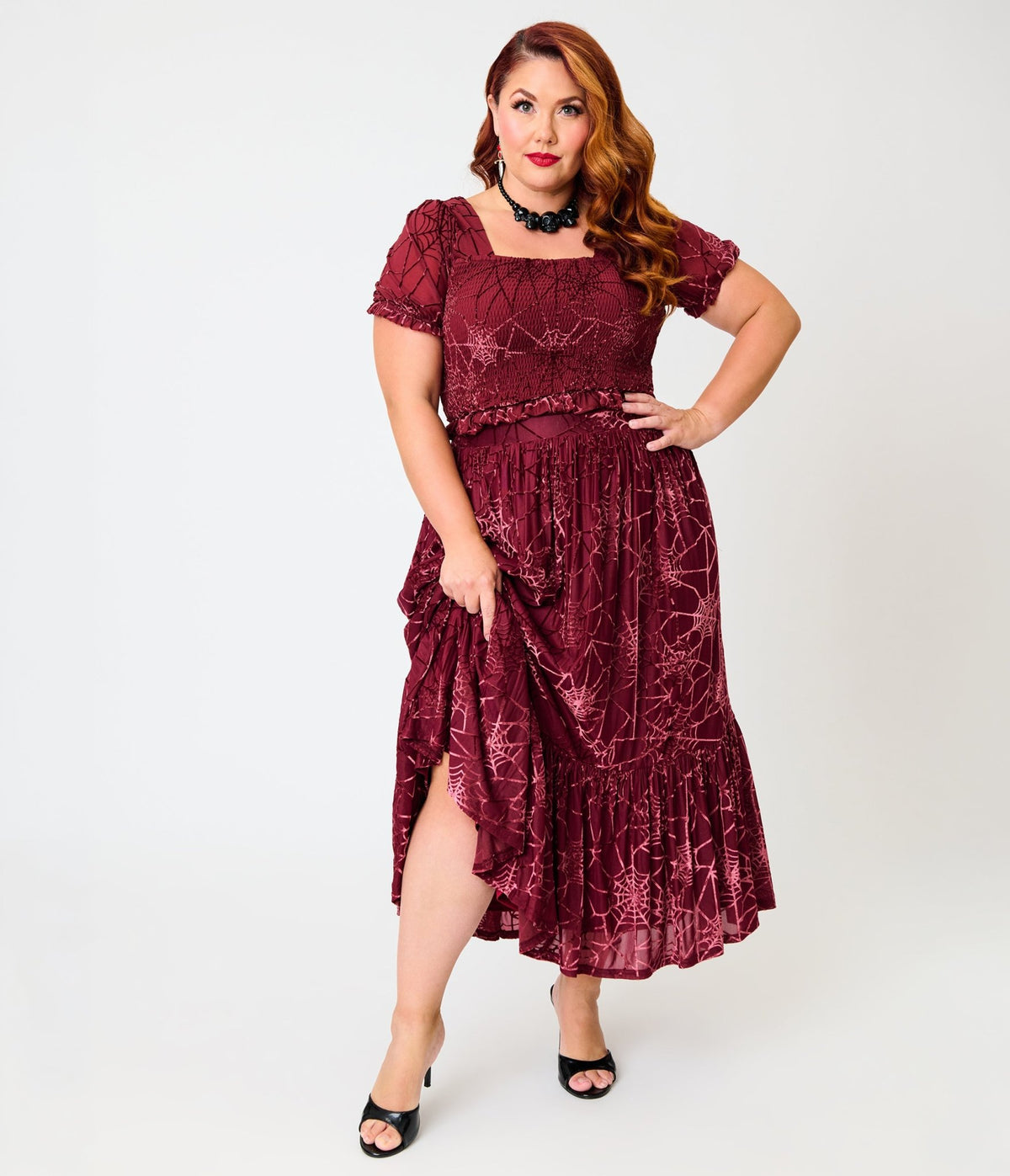 Unique Vintage Plus Size Burgundy Spider Web Burnout Tiered Midi Skirt - Unique Vintage - Midi Skirts