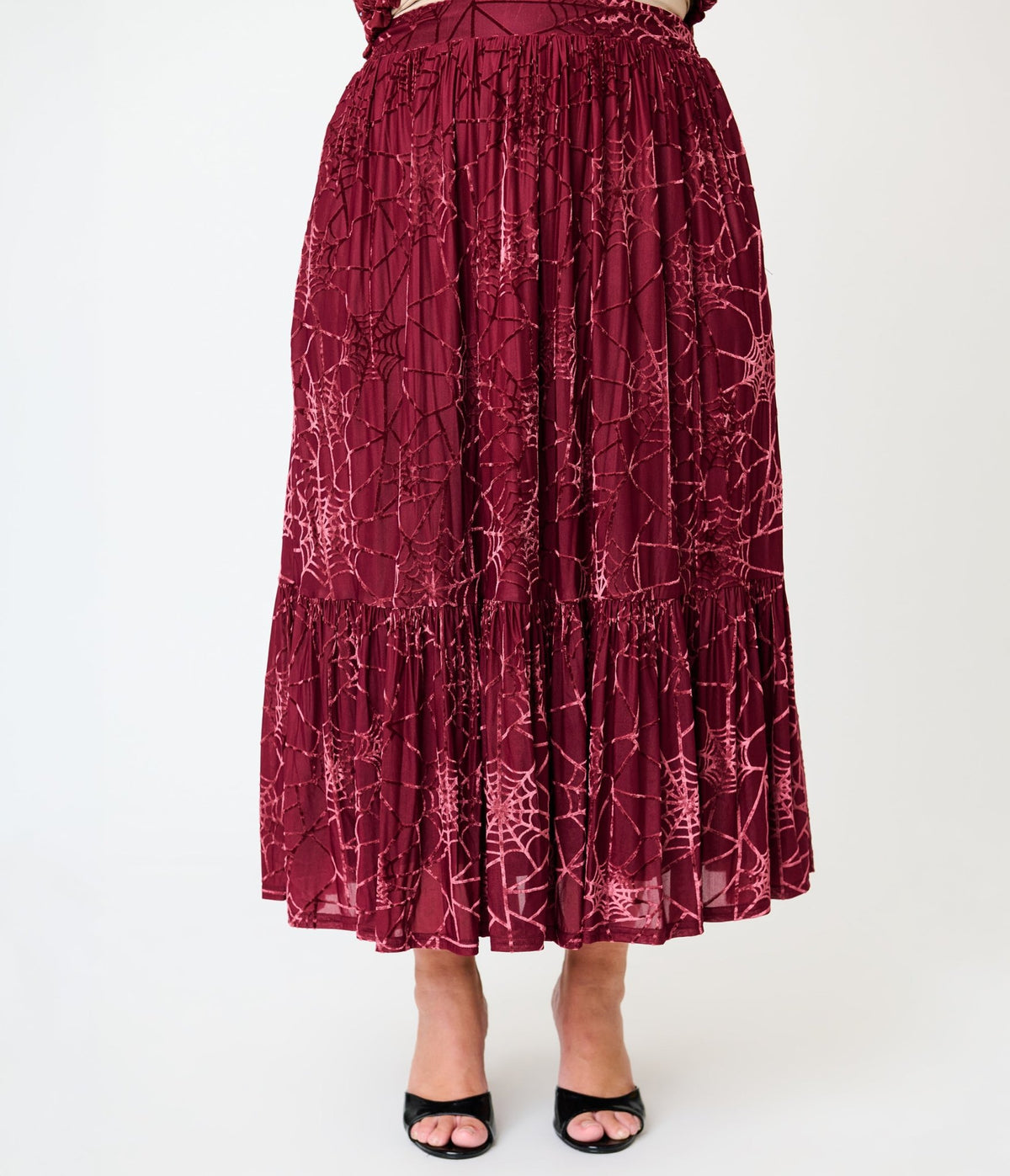 Unique Vintage Plus Size Burgundy Spider Web Burnout Tiered Midi Skirt - Unique Vintage - Midi Skirts