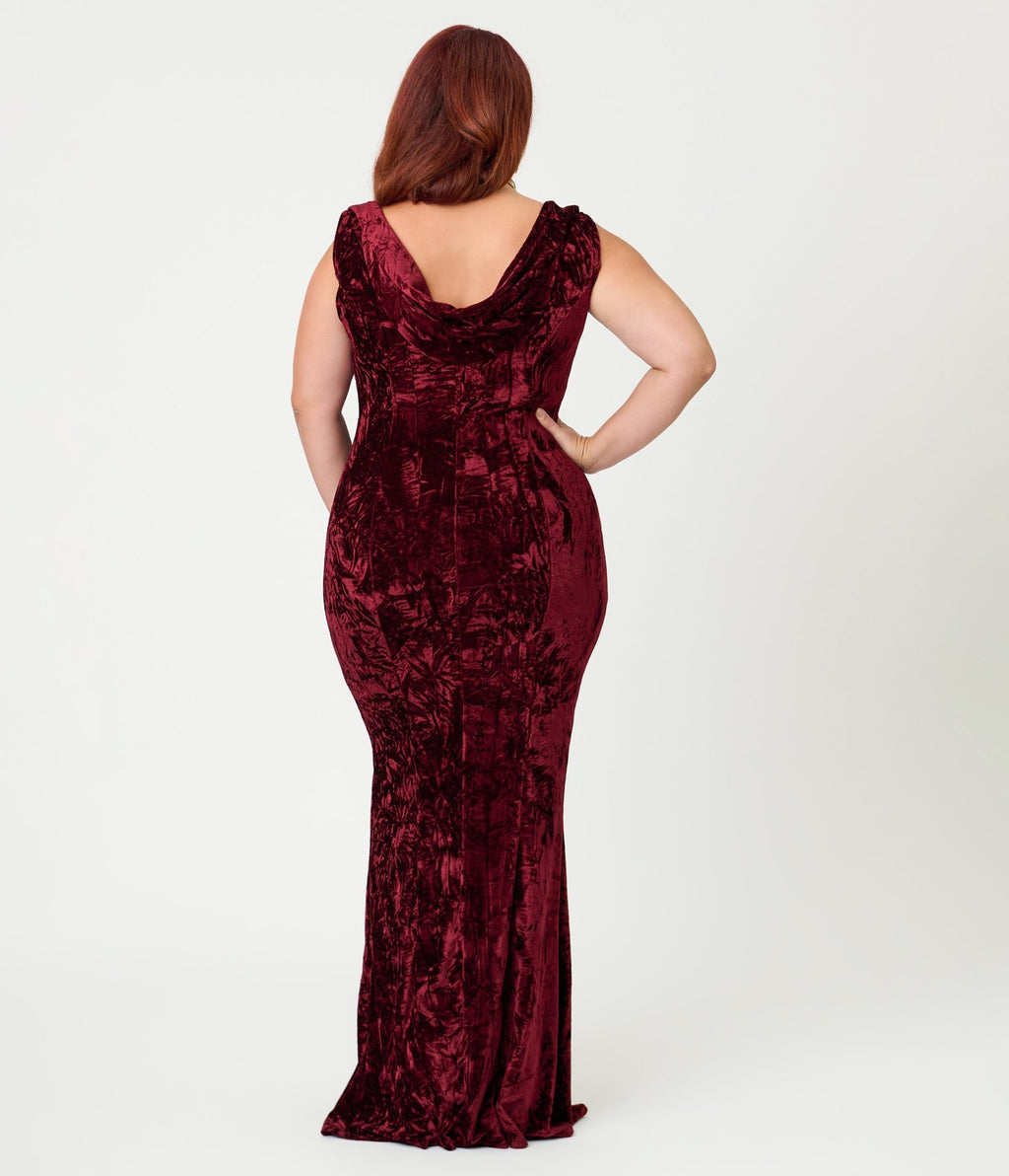 Unique Vintage Plus Size Burgundy Textured Velvet Goldwyn Gown - Unique Vintage - Womens, DRESSES, MAXI