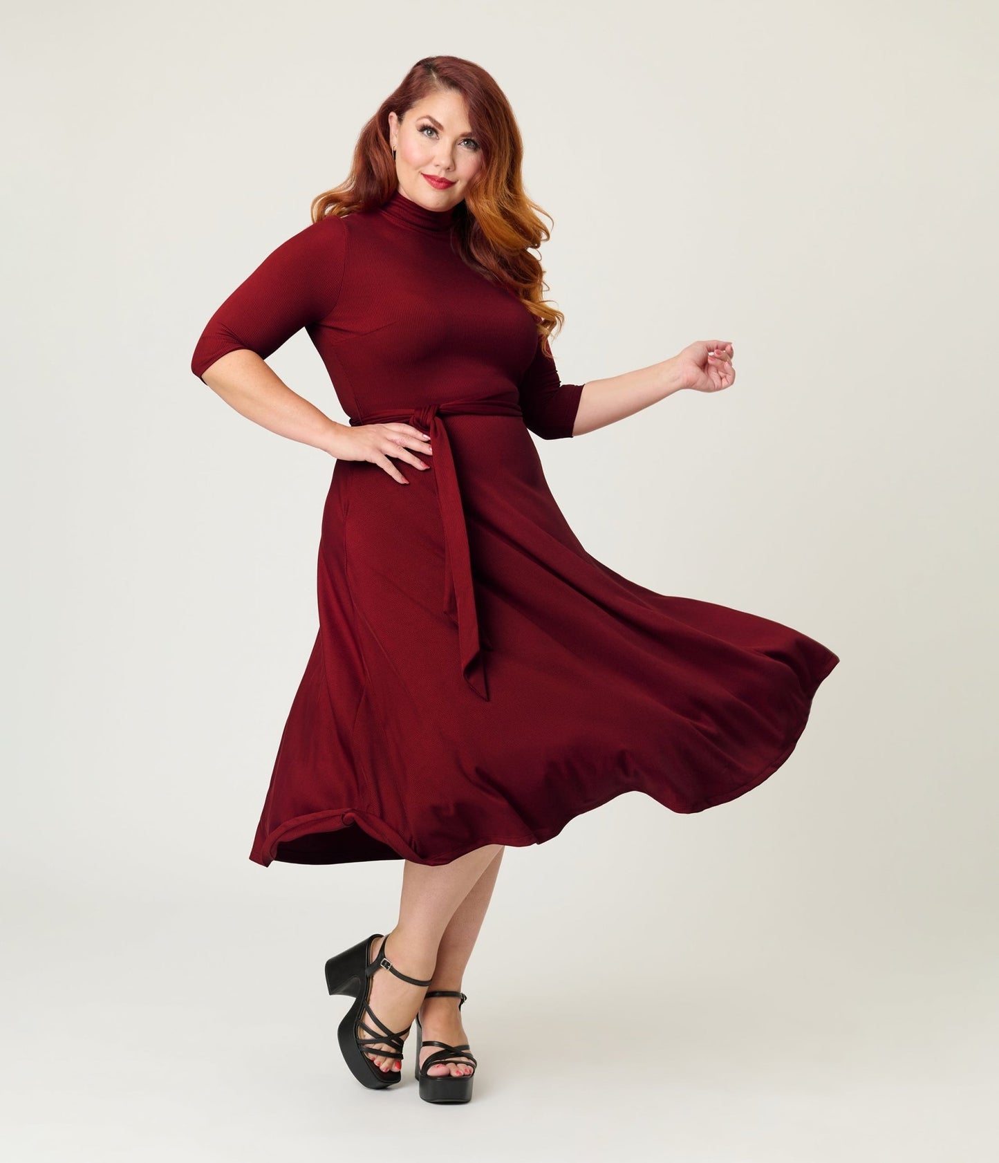 Unique Vintage Plus Size Burgundy Turtleneck Midi Dress - Unique Vintage - Womens, DRESSES, FIT AND FLARE