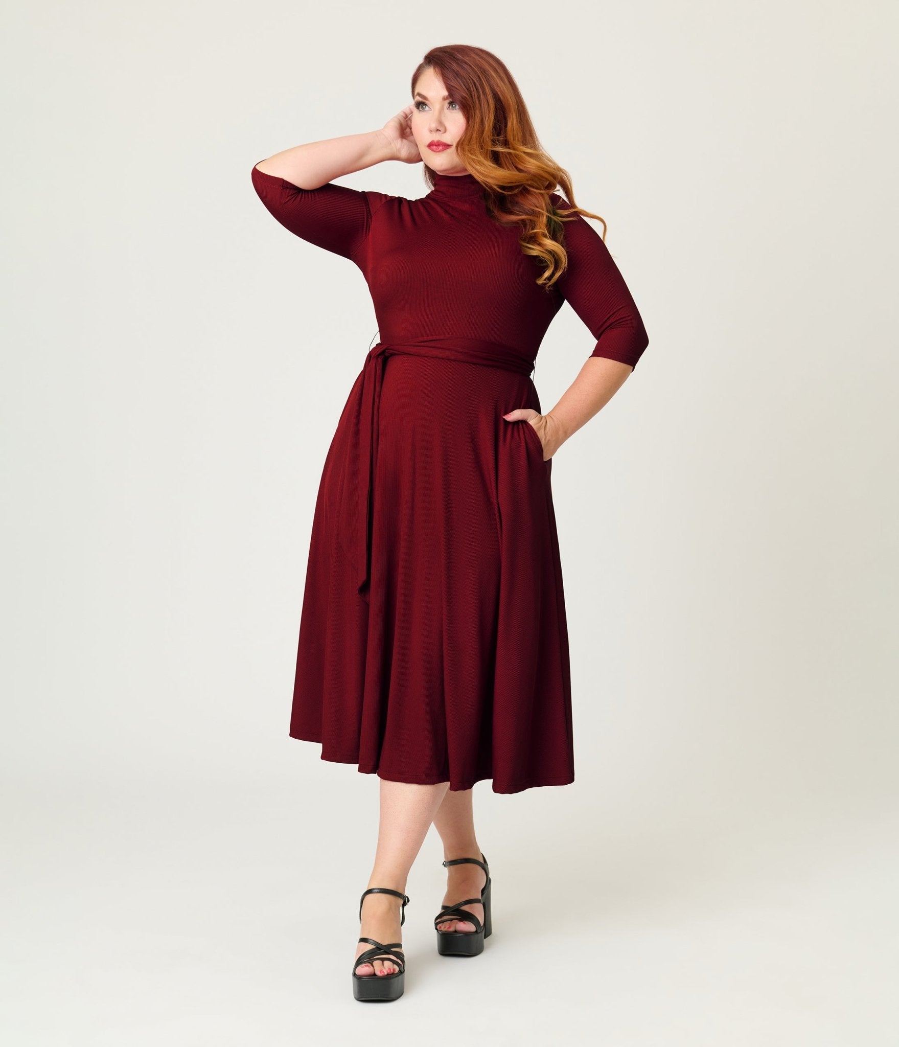 Unique Vintage Plus Size Burgundy Turtleneck Midi Dress - Unique Vintage - Womens, DRESSES, FIT AND FLARE