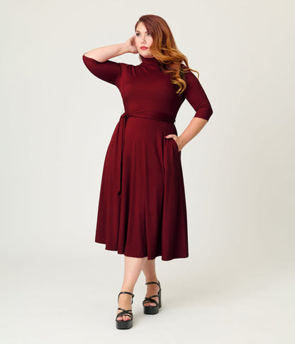 Unique Vintage Plus Size Burgundy Turtleneck Midi Dress - Unique Vintage - Womens, DRESSES, FIT AND FLARE