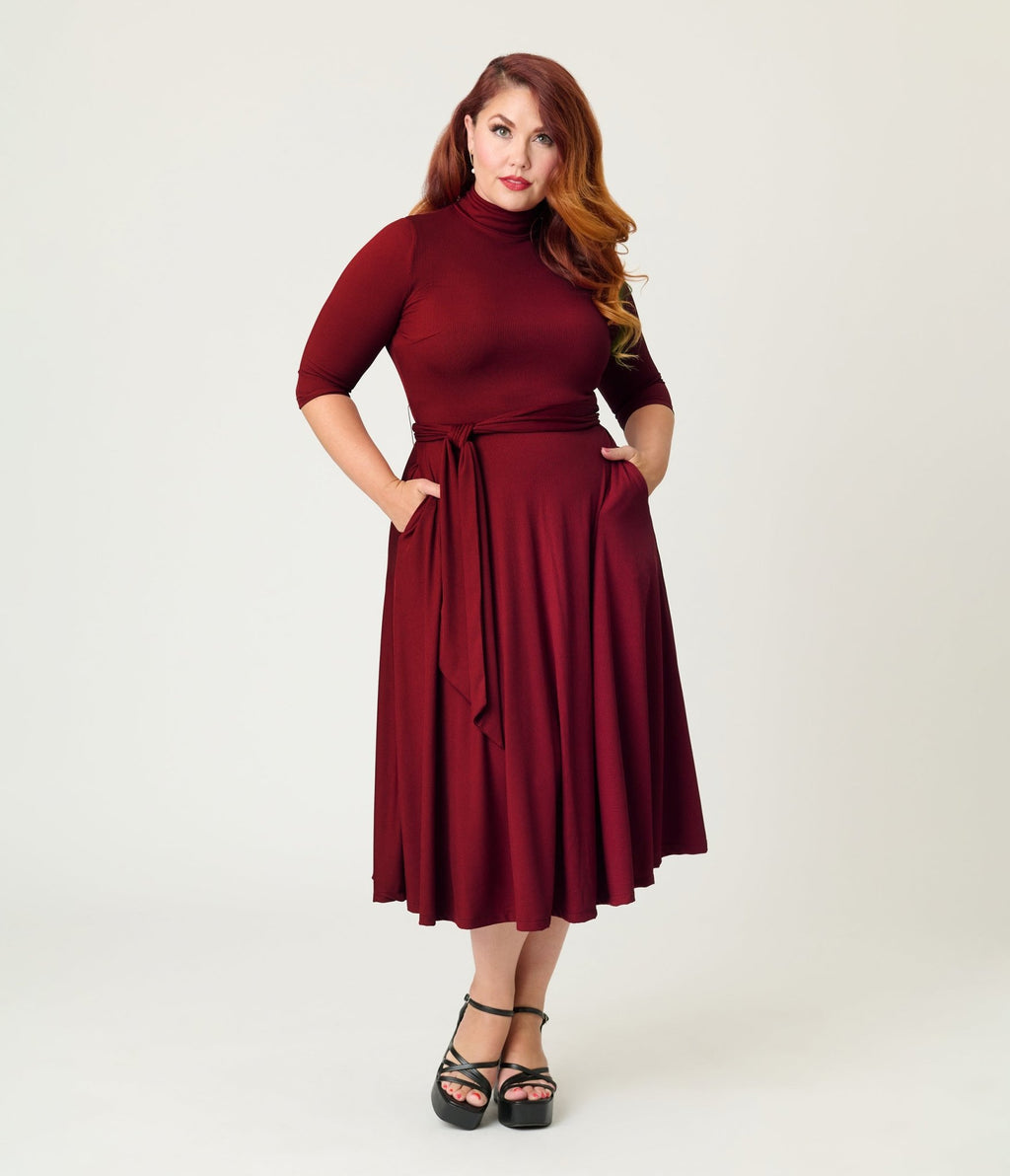 Unique Vintage Plus Size Burgundy Turtleneck Midi Dress - Unique Vintage - Womens, DRESSES, FIT AND FLARE