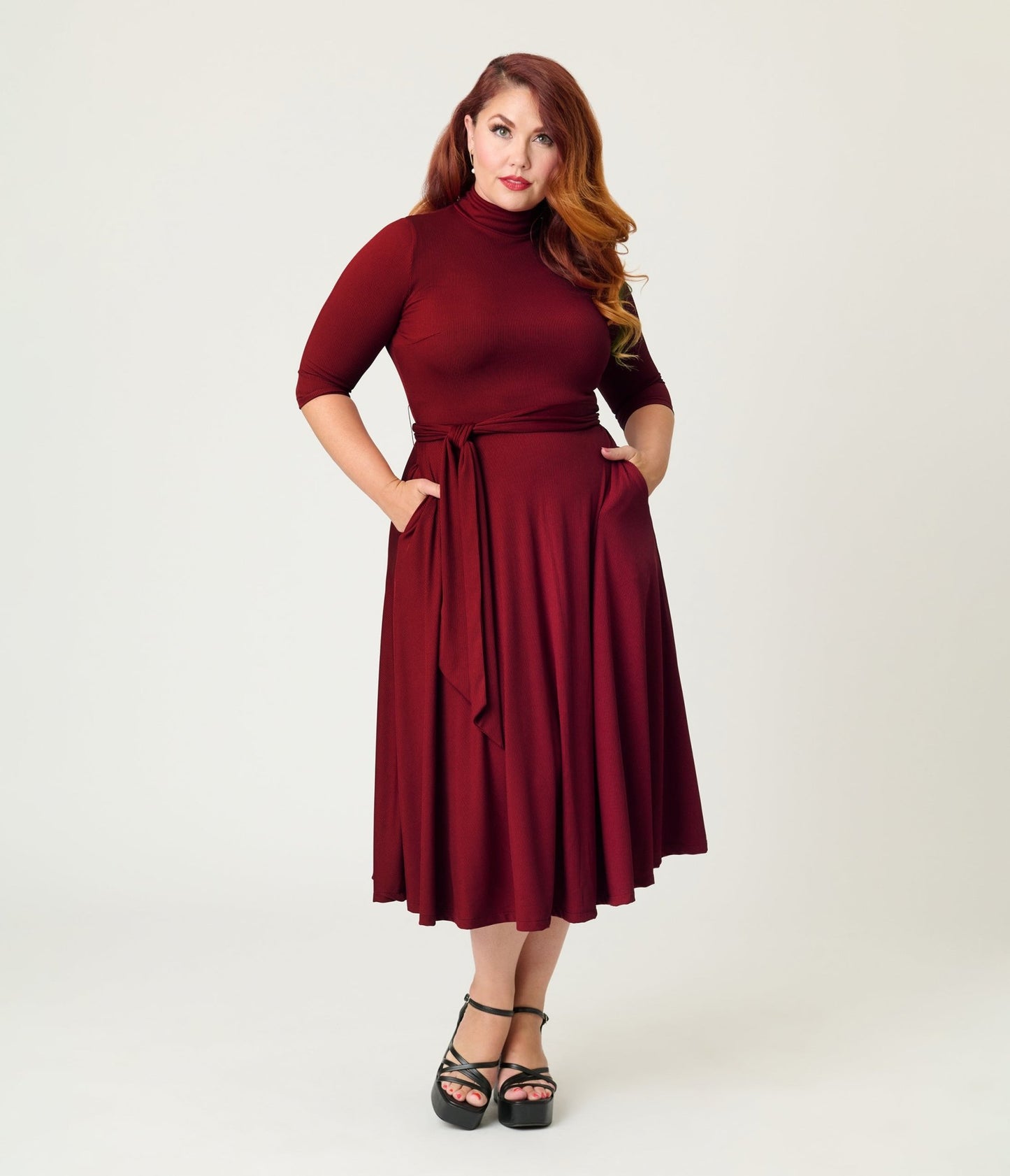 Unique Vintage Plus Size Burgundy Turtleneck Midi Dress - Unique Vintage - Womens, DRESSES, FIT AND FLARE