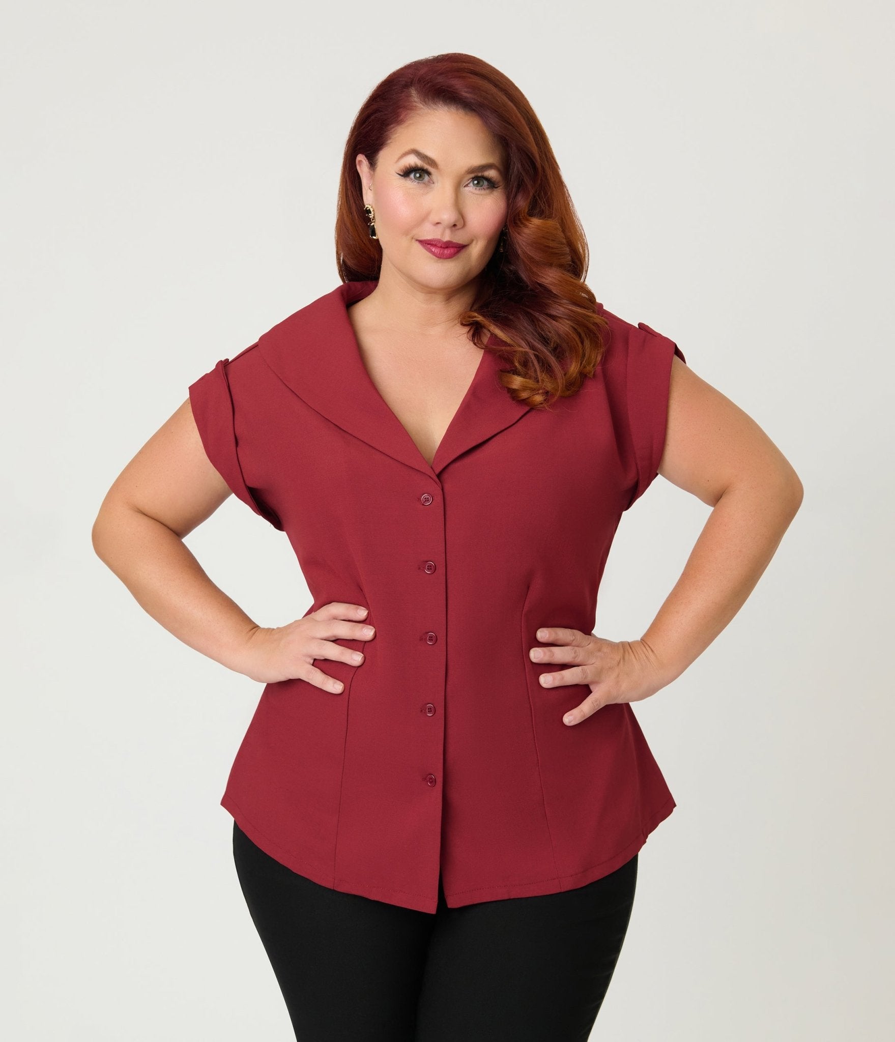 Unique Vintage Plus Size Burgundy Twill Sleeveless Blouse - Unique Vintage - Womens, TOPS, WOVEN TOPS