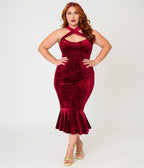 Unique Vintage Plus Size Burgundy Velvet Embossed Halter Penelope Dress - Unique Vintage - Womens, DRESSES, WIGGLE