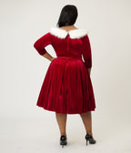 Unique Vintage Plus Size Burgundy Velvet Fur Collared Marceline Swing Dress - Unique Vintage - Womens, DRESSES, SWING