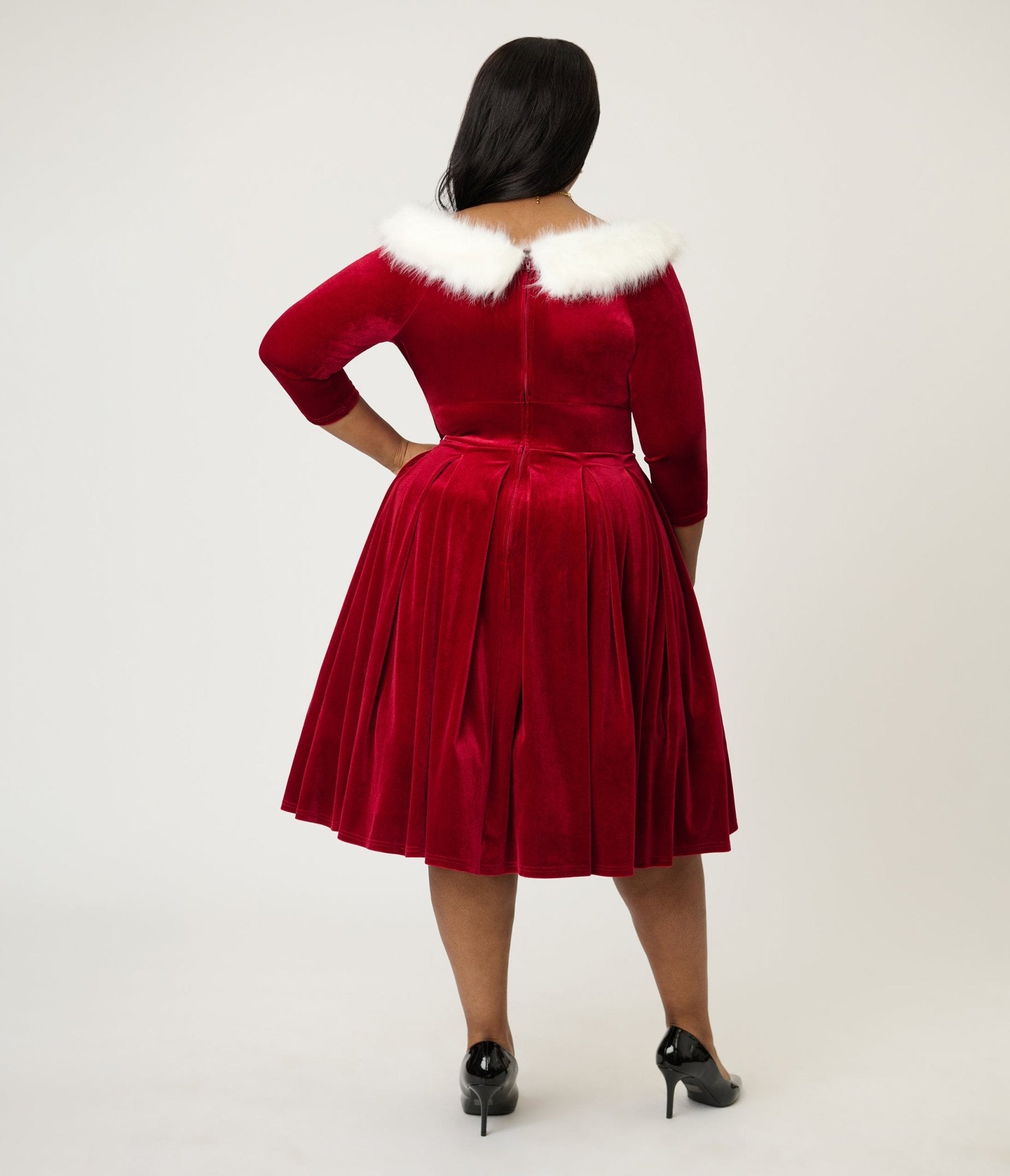 Unique Vintage Plus Size Burgundy Velvet Fur Collared Marceline Swing Dress - Unique Vintage - Womens, DRESSES, SWING