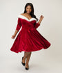Unique Vintage Plus Size Burgundy Velvet Fur Collared Marceline Swing Dress