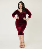 Unique Vintage Plus Size Burgundy Velvet Off the Shoulder Surplice Pencil Dress - Unique Vintage - Womens, DRESSES, WIGGLE
